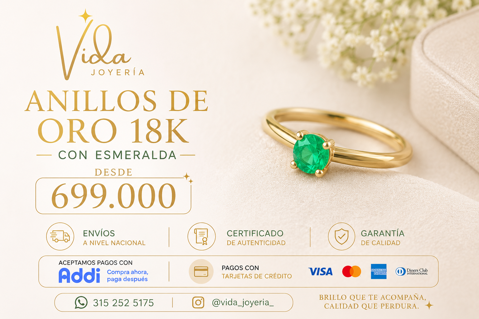 ANILLO SOLITARIO ORO 18k CON ESMERALDA NATURAL